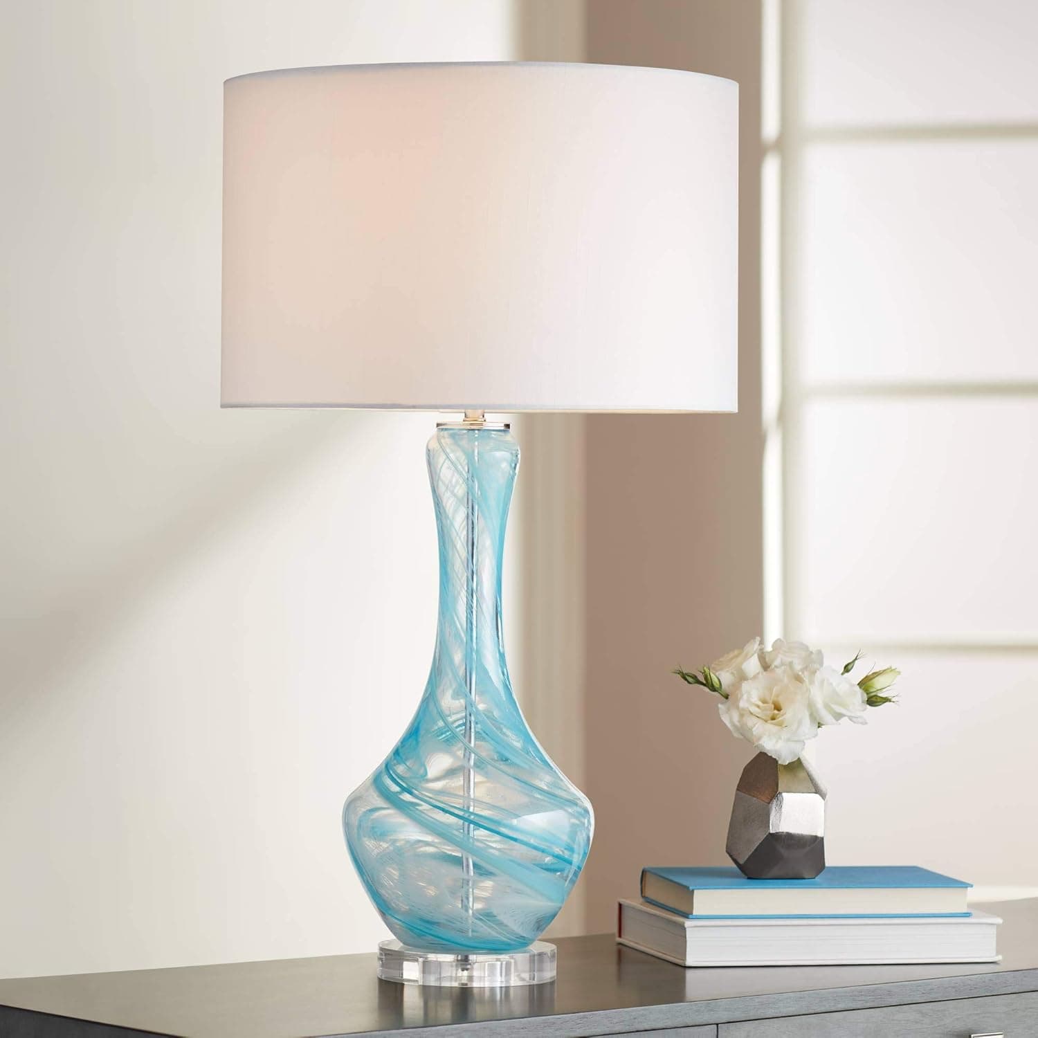 Possini Euro Design Codie Modern Table Lamp 28 1/2" Tall Clear Blue Swirls Art Glass Gourd White Fabric Drum Shade Decor for Bedroom Living Room House Home Bedside Nightstand Office Kids Family