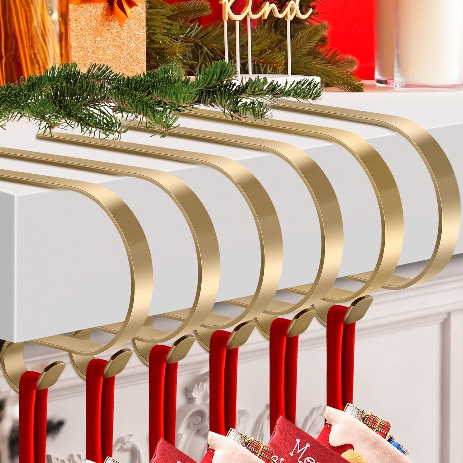 KMUYSL 6 Pack Christmas Stocking Holders, Adjustable Stocking Mantle Hooks for Fireplace, Lightweight Stocking Hangers, Non-Skid Stocking Holders for Christmas Decoration (Gold)