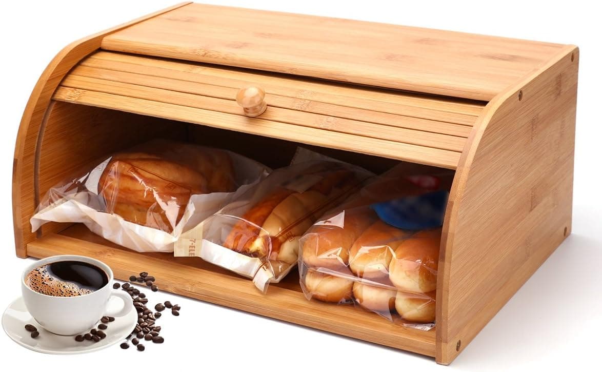 Bamboo Bread Box, SUNCOM Large wooden Roll Top Bread Storage Bin for kitchen counter (Self-assembly)