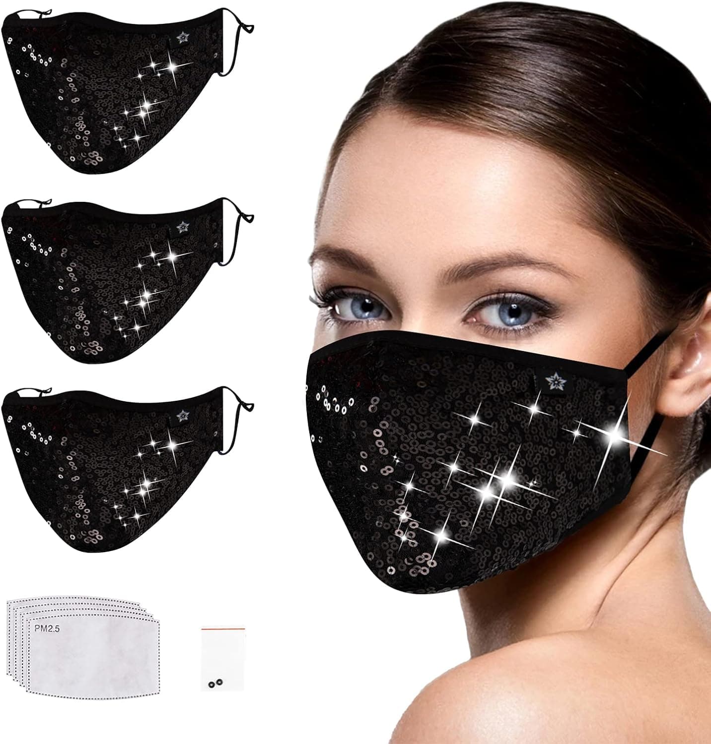 SPRING SEAON 3 Pcs Sequin Mask for Women Washable Glitter Face Masks Sparkly Masquerade Reusable Cover with Filters