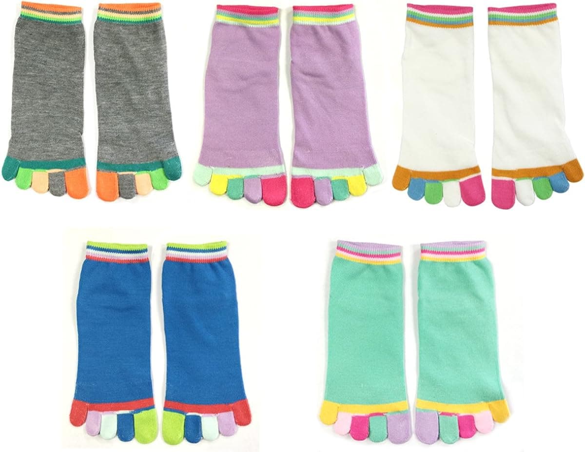Wrapables Colorful Five Toe Socks Set of 5, Grey/Purple/White/Blue/Green