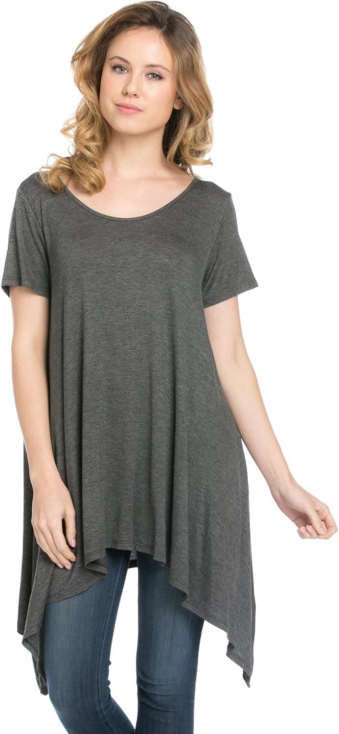 Frumos Womens Short Sleeve Comfy Loose Fit Handkerchief Hem Tunic Top