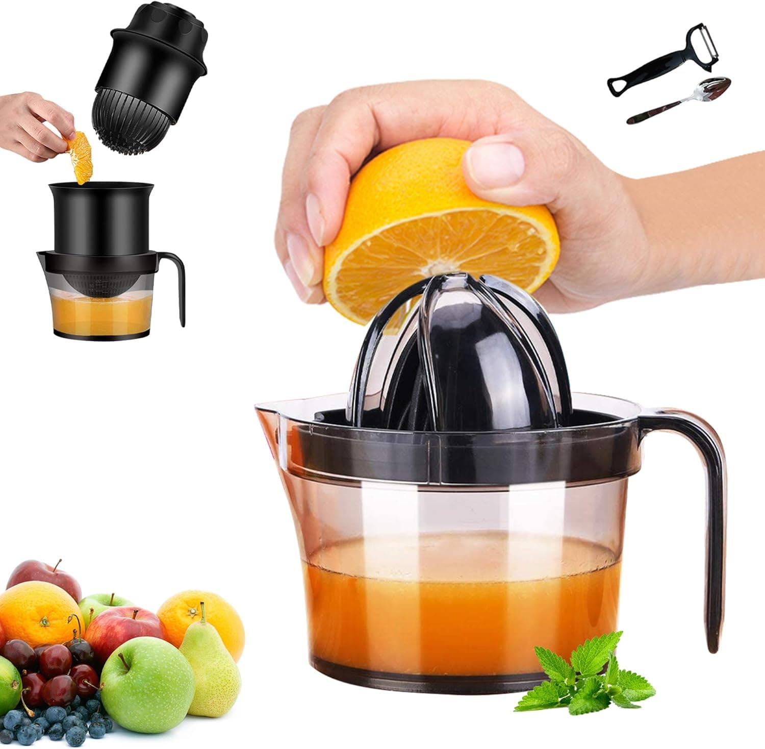 PentaQ Hand Press Juicer, 2 Press Reamer Sets Manual Fruit Squeezer Citrus Lemon Orange Juicer with Built-in Measuring Cup, Free Peeler and Grapefruit Spoon, 17OZ, Transparent Black