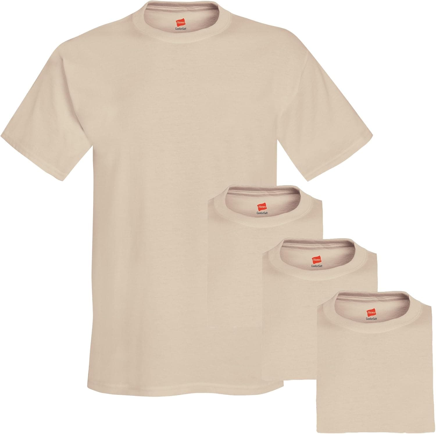 Hanes Men's Crew Shirt (Pack of 4), Large, Sand