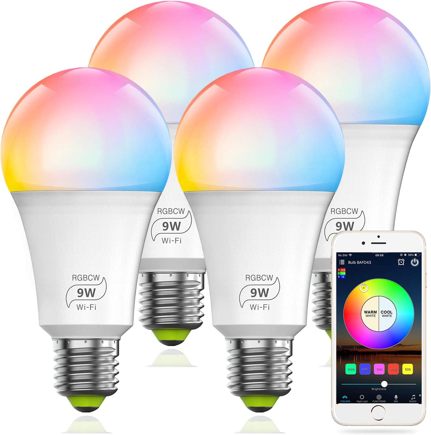 MagicLight Smart WiFi 9W (80w Equivalent) Alexa Light Bulb, Dimmable Multicolor E26 A19 LED Light Bulb, Compatible with Alexa Google Home Siri IFTTT (4 Pack)
