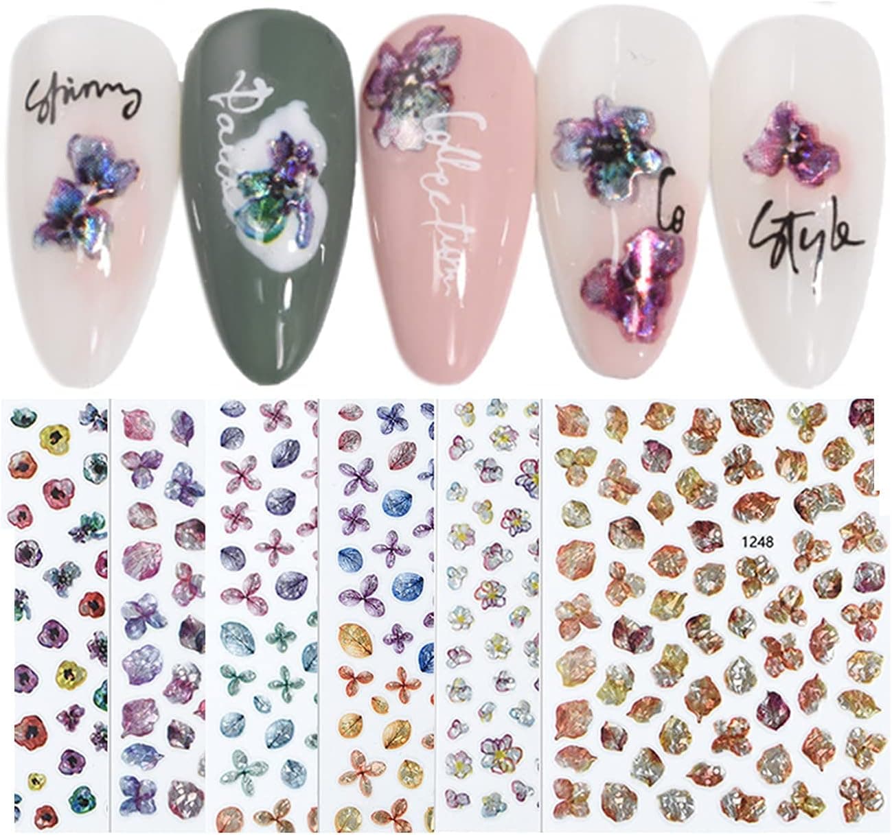 Flower Nail Stickers Dried Flower Petals Super Flash Series Nail Decals 3D Self-Adhesive Nail Art Stickers Decals Set DIY Nail Art Decorations Accessories Nail Supplies for Women and Girls (6 Sheet)