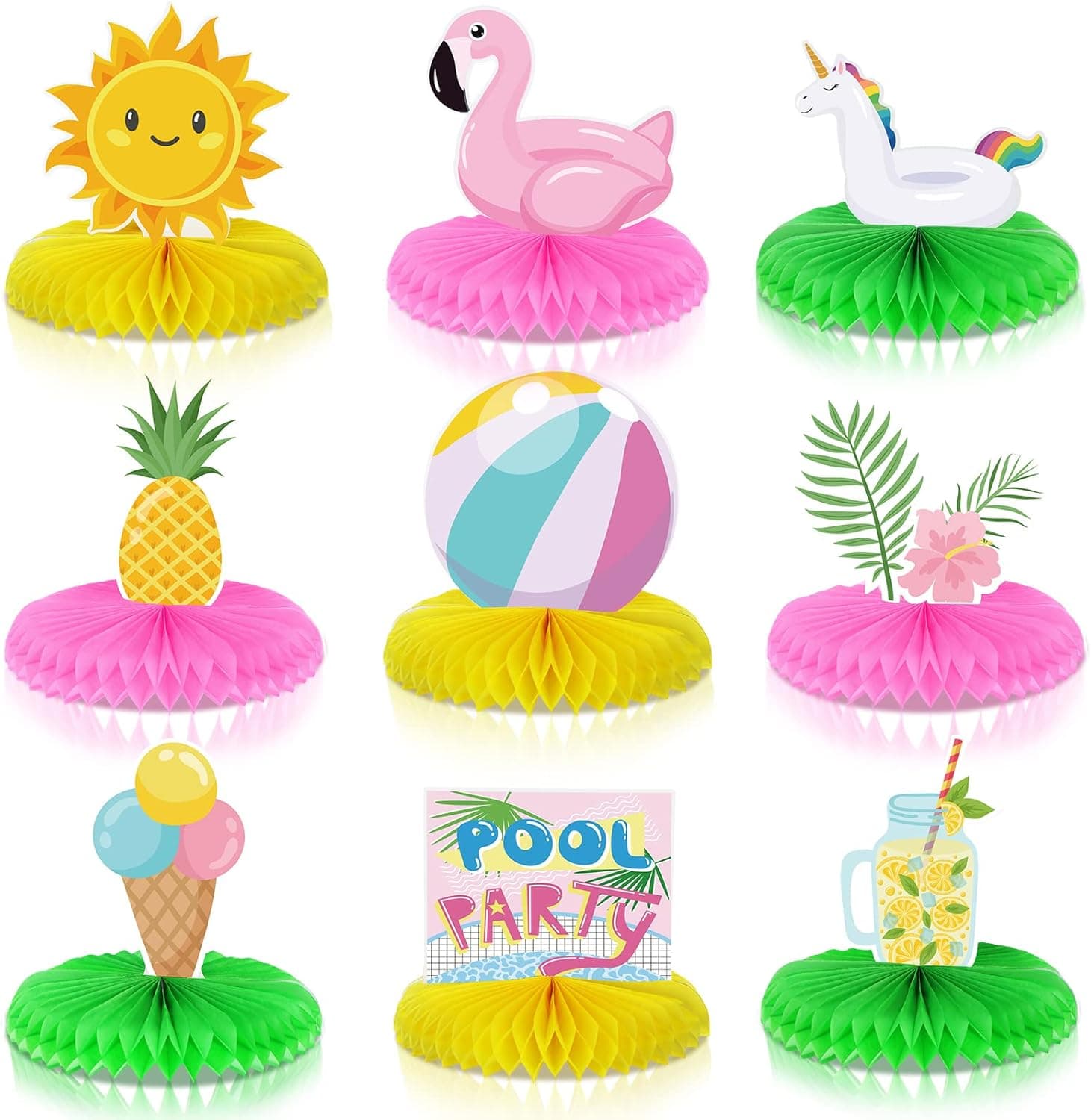 9 Pcs Summer Pool Party Honeycomb Table Centerpiece Pool Honeycomb Centerpieces Beach Theme Tropical Luau Party Decorations Hawaiian Flamingo Party Supplies Sun Pineapple Decor for Kids Birthday