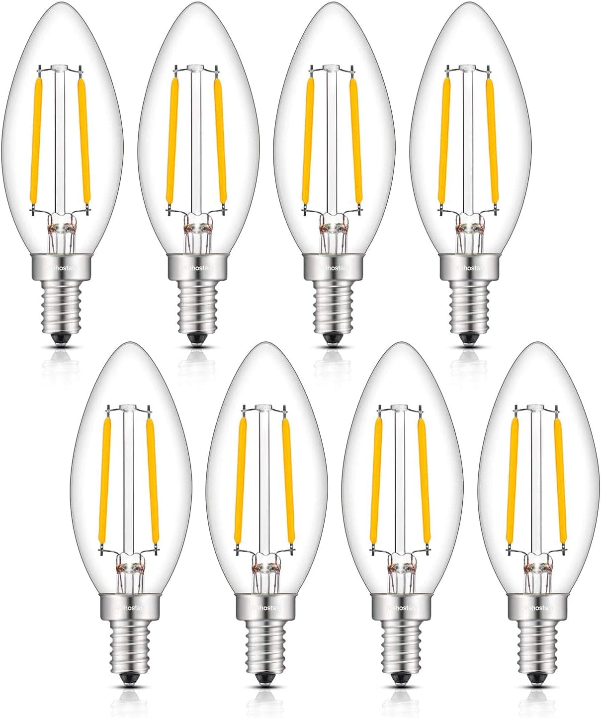 2W LED Filament Candelabra Bulbs, 3000K Soft White, 20W Incandescent Equivalent, 200 Lumens,E12 Candelabra Base, Clear Glass Torpedo Shape Bullet Top,Non-Dimmable 8 Pack