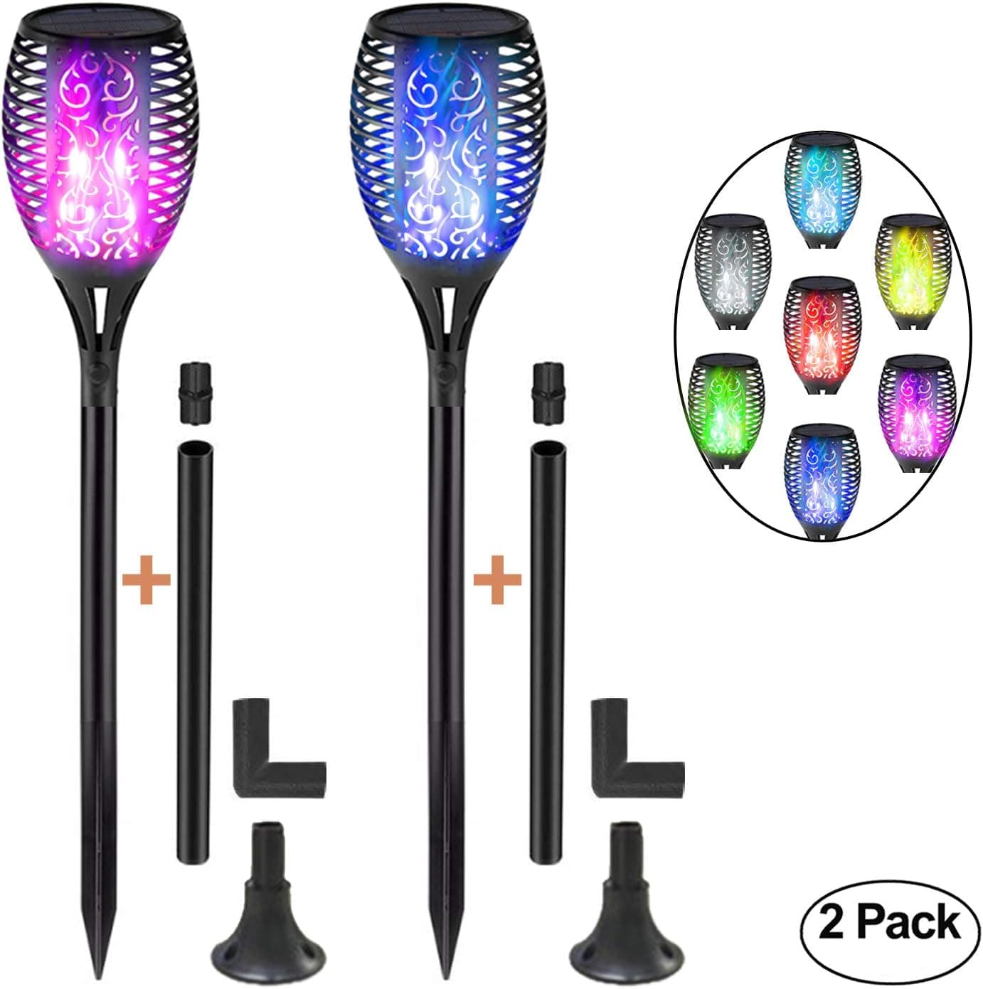 Solar Torch Light Outdoor, 7 Changing Colors Garden Flickering Flame Lights Landscape Decoration Lighting Dusk to Dawn Lawn Light for Patio Deck Yard Driveway Pathway (2 Pack)