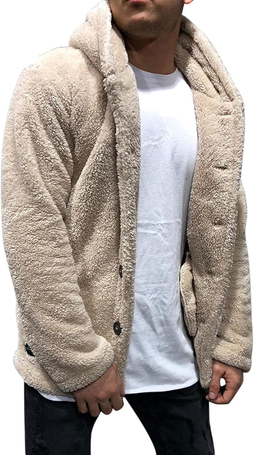 Mens Fuzzy Sherpa Jacket Hoodie Fluffy Fleece Open Front Cardigan Button Down Soft Coat Fall Outwear with Pocket