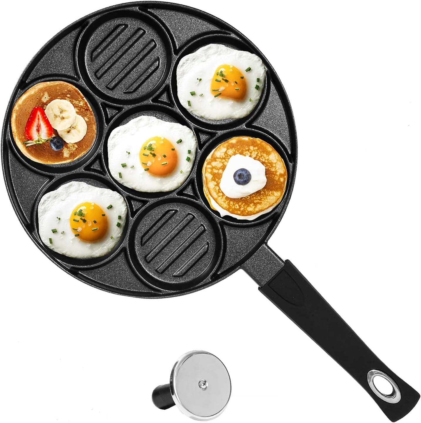 Pancake Pan Mini Pancake Maker with Cake Press, 7-Mold Pancake Griddle Egg Pan Nonstick for Kids