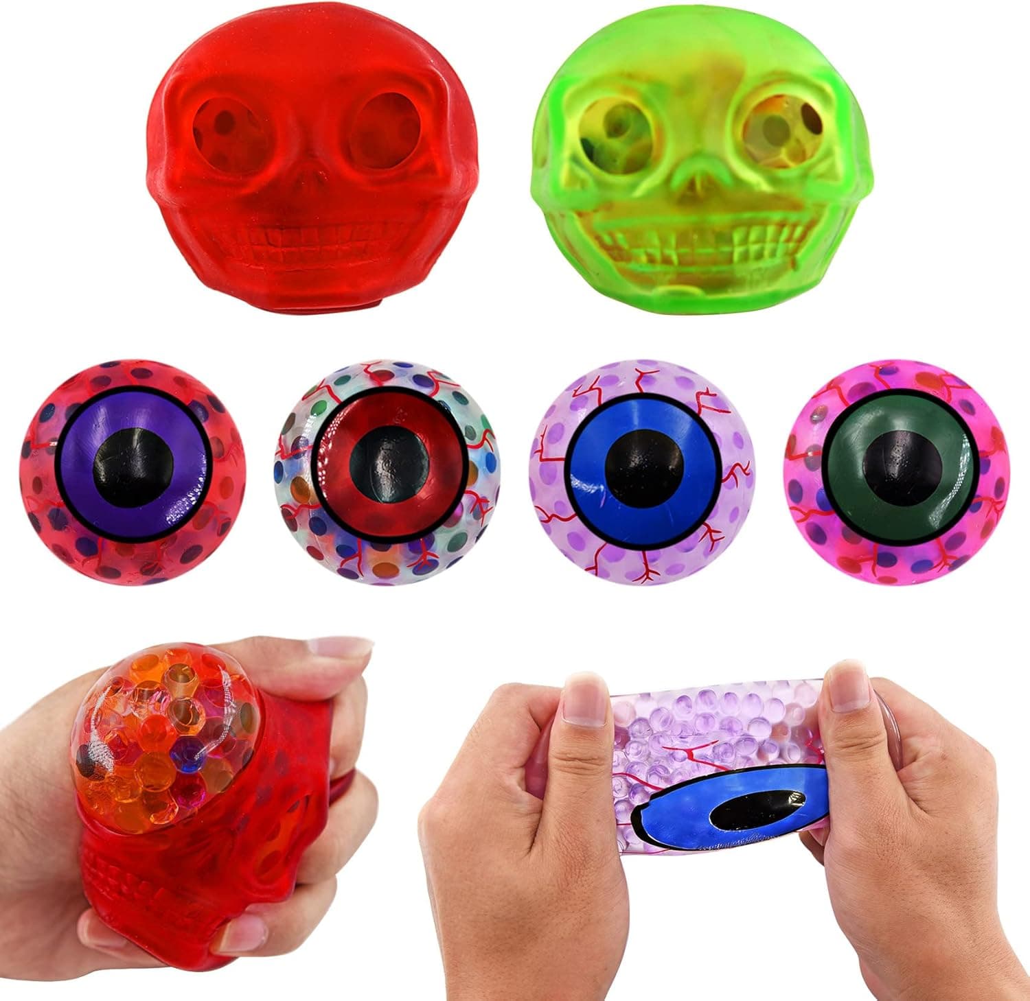 Cenmeytoy 6 Pack Halloween Stress Balls Squishy Fidget Toys, Halloween Fidgets Skulls Sensory Stress Balls Filled with Colorful Water Beads, Party Favors