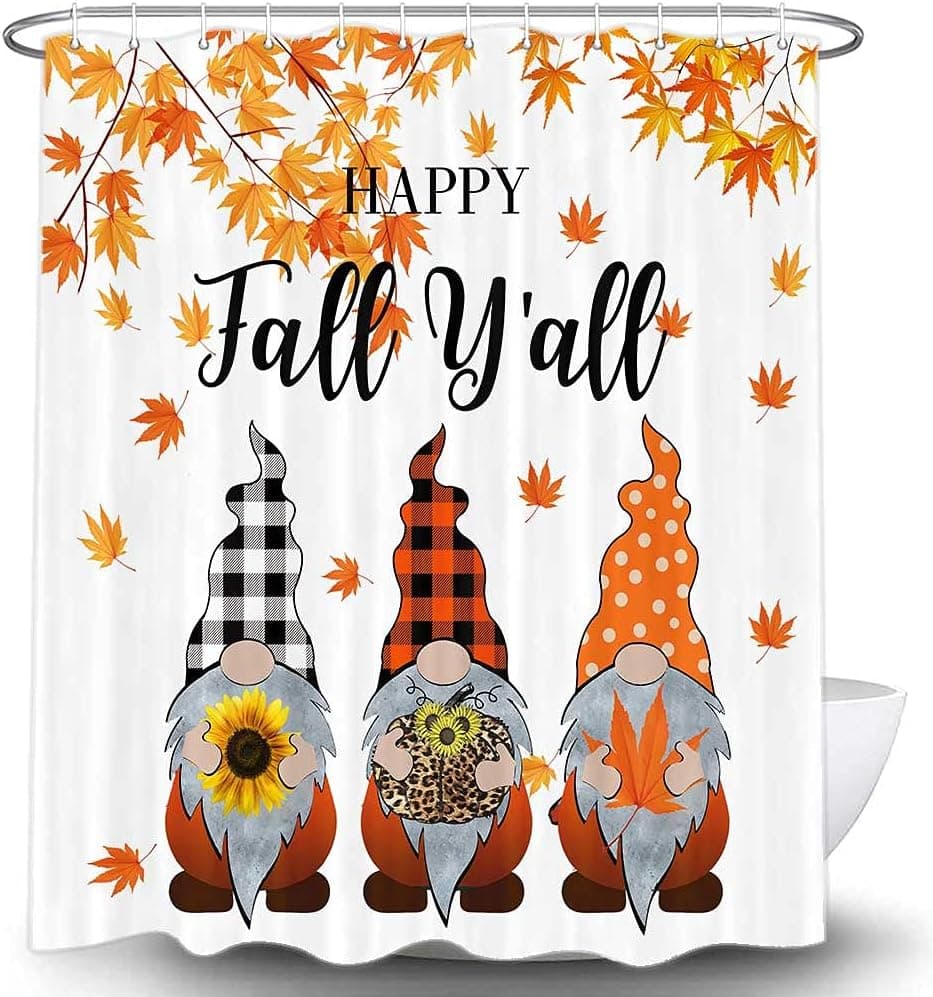 Fall Gnomes Shower Curtain for Bathroom, Autumn Thanksgiving Holiday Maple Leaves Fabric Shower Curtains Set, Cute Farmhouse Pumpkins Sunflower Harvest Restroom Decor Accessories with Hooks 72X72"