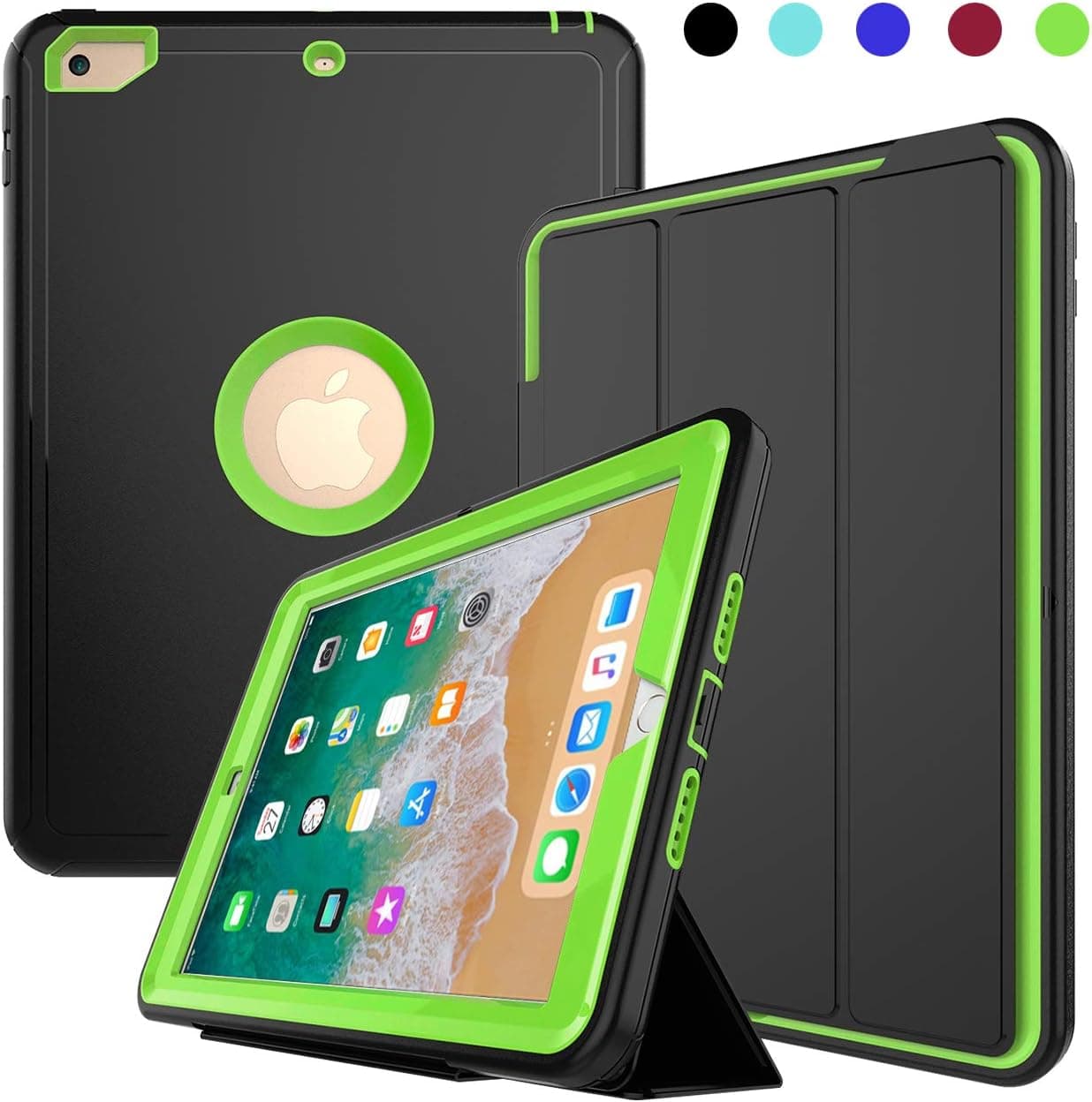 New iPad 9.7 2018/2017 Case,S-World Kee Heavy Duty Shock Proof Full Protection Smart Case with Detachable Cover/Stand for iPad 9.7 inch 2018 6th Generation/2017 5th Generation(Black+Green)
