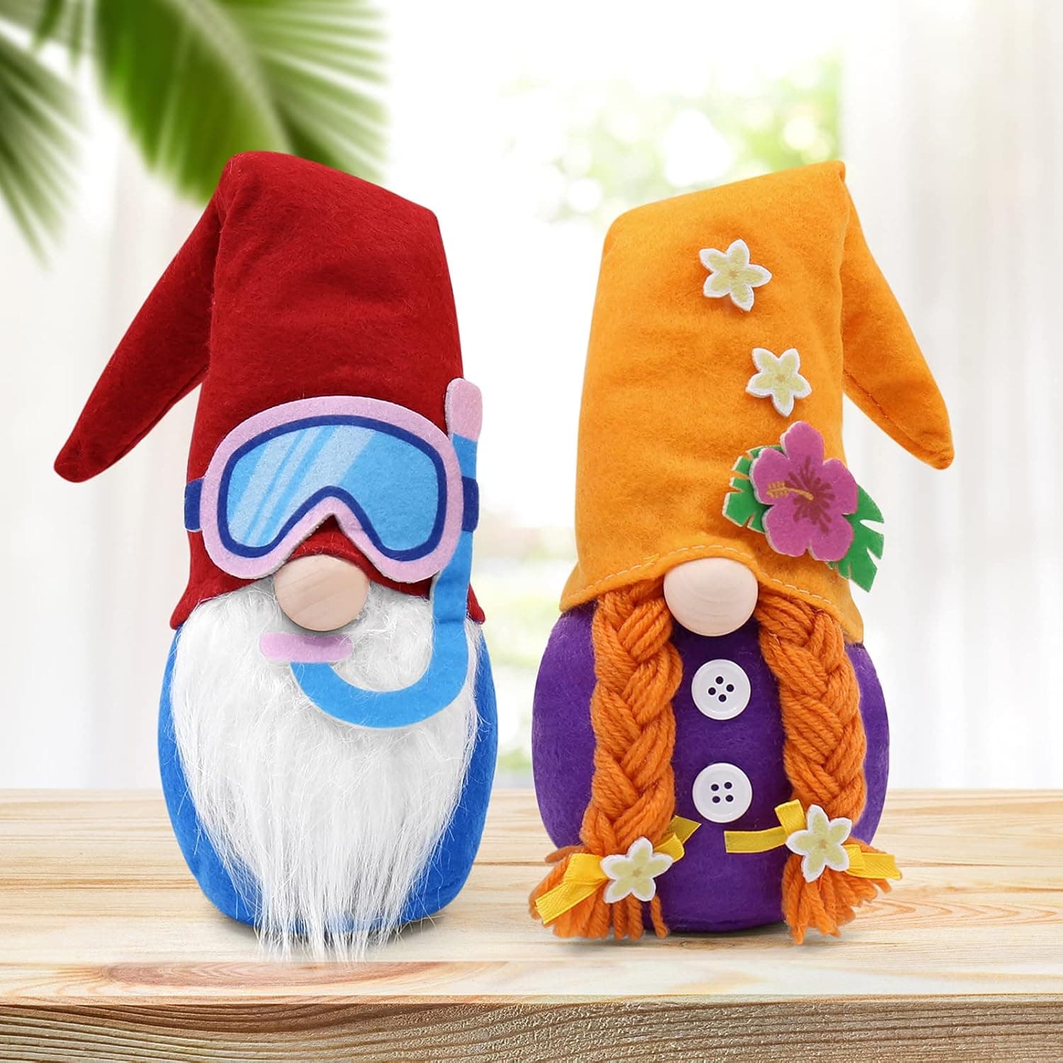 Beach Christmas Gnomes Plush Handmade Winter Summer Gnomes Decor Tiered Tray Farmhouse Shelf Sitters Diving Gnomes Tomte Swedish Gnomes Nisse Scandinavian Elf Dwarf Home Household Ornaments Set of 2