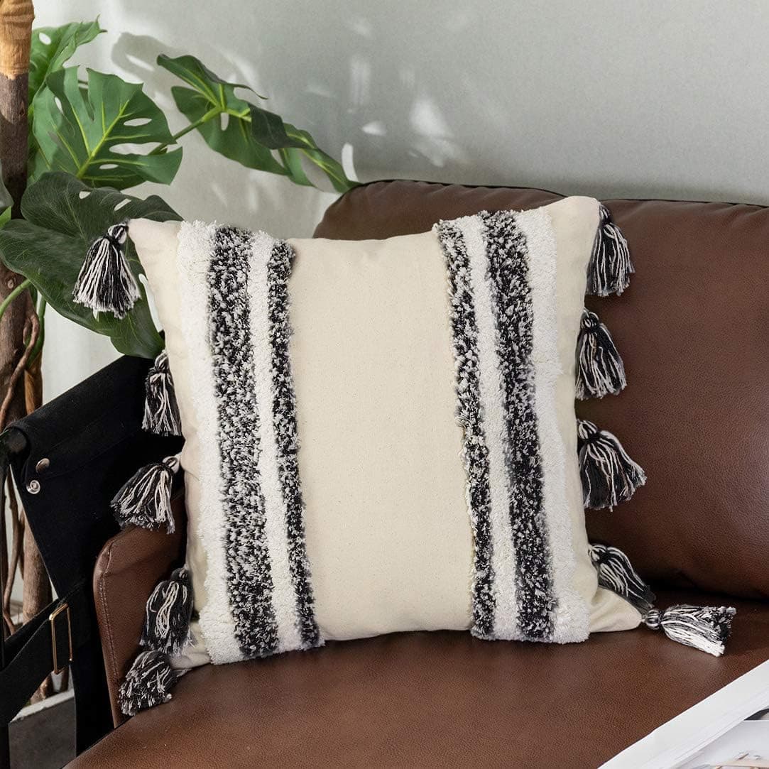 Sungea Decorative Linen Throw Pillow Cover, Farmhouse Rustic Pillowcase Black White Striped Tufted with Tassels Square Cushion Cover Boho Neutral Pillow Sham for Sofa Couch Bedroom Living Room