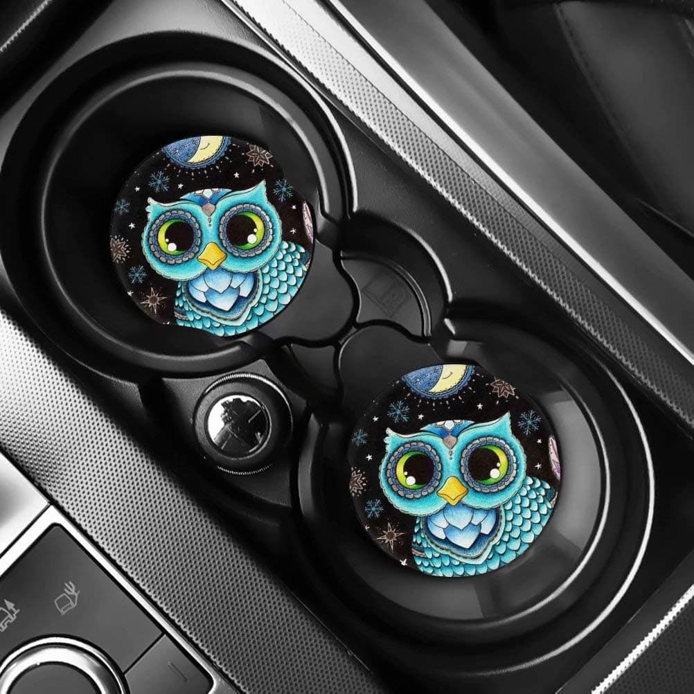 Pensura Cute Owl Print Car Coasters for Drinks Neoprene Cup Coaster Holders Mats Full Set of 2 Car Interior Accessories Suitable for Car Living Room Kitchen Office