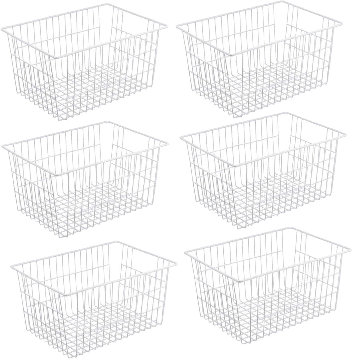 iPEGTOP Wire Stroage Baskets, 13.4 inch Farmhouse Metal Wire Basket Freezer Storage Organizer Bins with Handles for Kitchen Cabinets, Pantry, Closets, Bedrooms, Bathrooms, 6 Pack - White