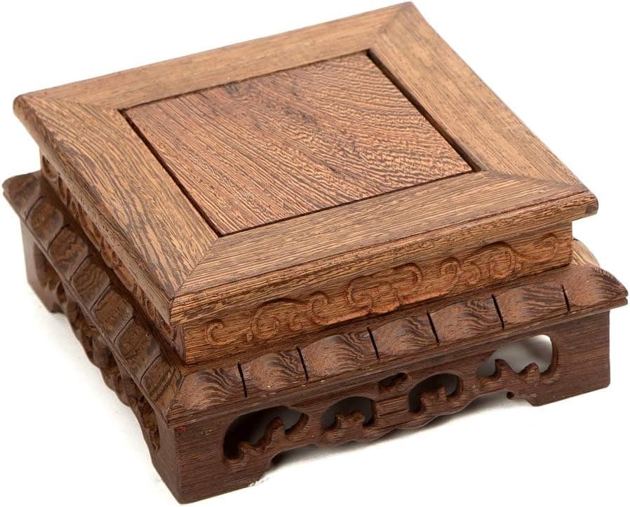 Square-6-Jichi Carved 3pc/set (S 14cm14cm6.5cm) Display Stand Square Shape Carved Solid Rosewood Chicking Wing Wood JiChi Wooden Base Stand Vase Jar Stands Flower Pot Fish Bowl Base Home Decoration