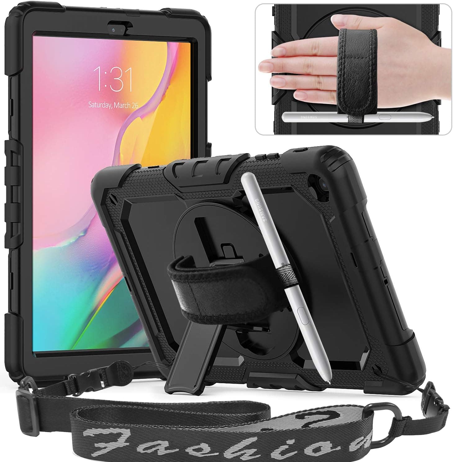 Timecity Samsung Galaxy Tab A 10.1 Case 2019,ONLY Fit (SM-T510/T515/T517). Three Layer Drop Case with Rotating Stand Hand Strap Stylus Pencil Holder Screen Protector for Galaxy Tab A 10.1-Black
