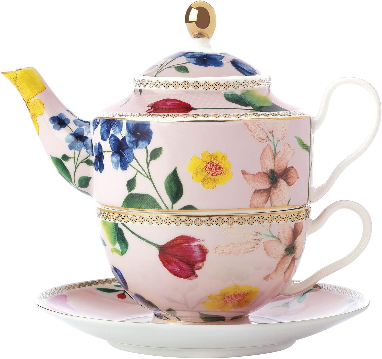 Maxwell & Williams Teas & C's Teapot for One/Tea for One Teapot and Cup Set with Contessa Design, Porcelain, Rose Pink, 380 ml