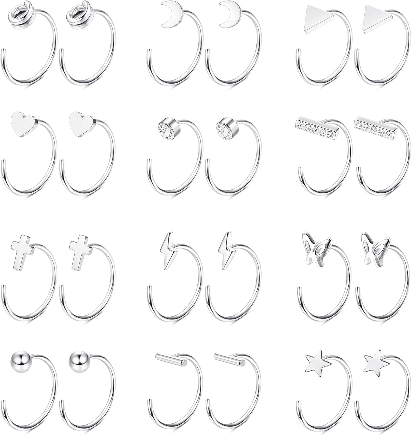 Udalyn 12 Pairs Half Hoop Earrings Stainless Steel Cartilage Piercing Earrings Star Moon Butterfly Heart Minimalist Mini Huggie Earrings Tiny Nose Ring Hoop Jewelry for Women Men