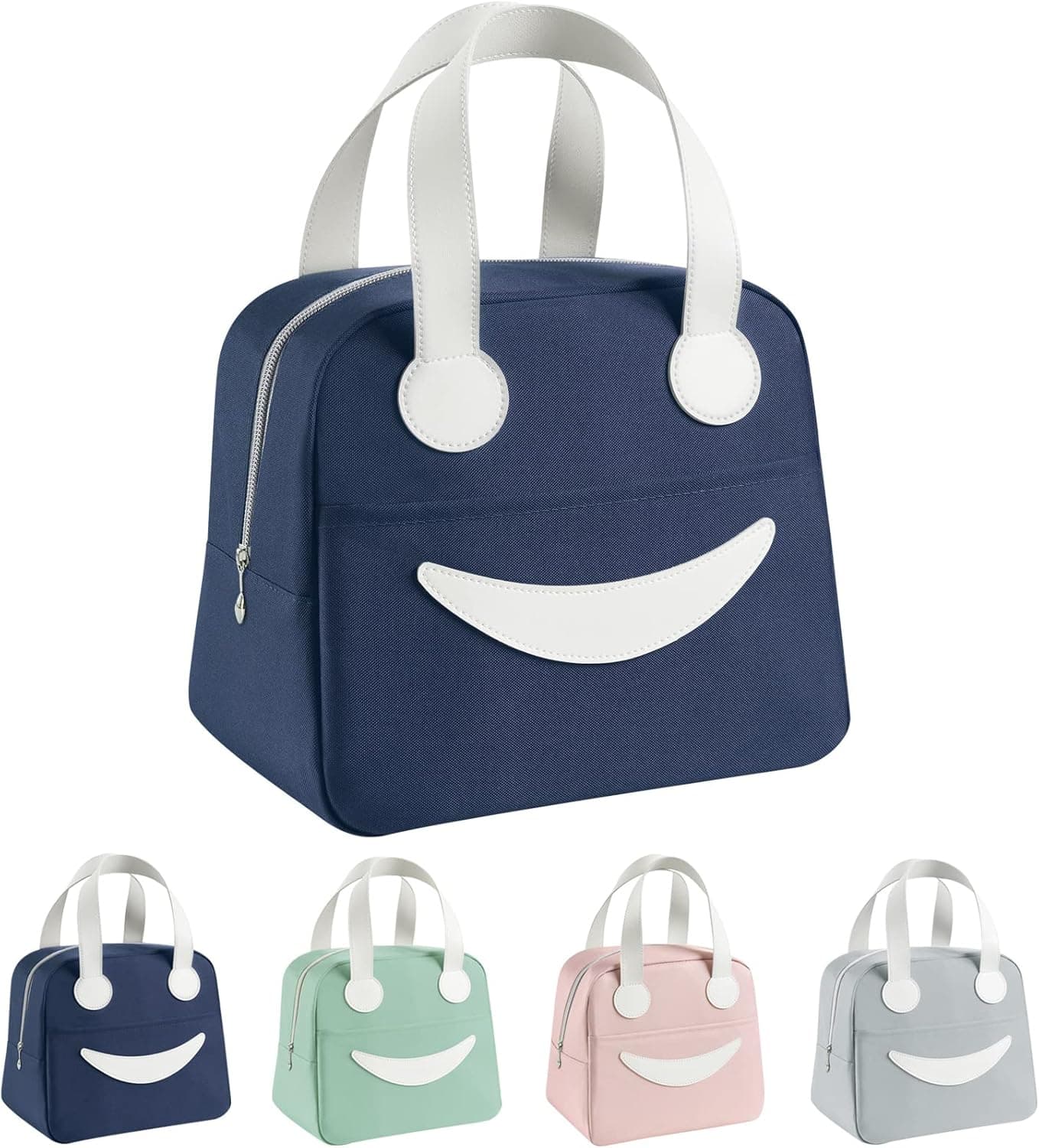 SineGux Cute Lunch Bag, Funny Smiley Reusable Lunch Tote Bag with PU Leather Handles, Insulated Lunch Box Organizer Lunch Containers for Women Men Work Travel Picnic (Blue)