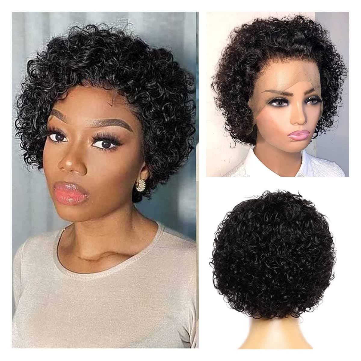 uolova Pixie Cut Wigs for Black Women Human Hair Lace Front Wigs Curly Bob Human Hair Wigs 13x1 Lace 180 Density Pre-plucked Wig 6 Inch, 1B Natural Color