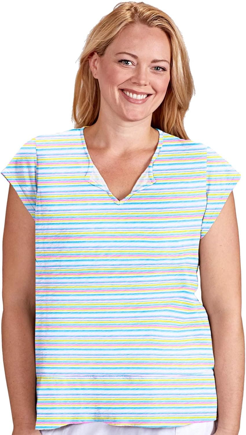 Fresh Produce Womens Comfortable Casual Summer Promenade Stripe Vintage Split Neck Plus Size Tee