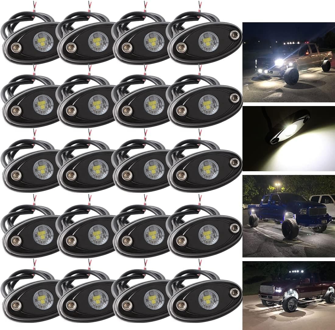 LEDKITO White LED Rock Lights 20PCS for Trucks JE-EP Off Road ATV UTV SUV RZR LED Under Glow White Light Trail Rig Lights Pure White High Power Under Body Light Waterproof Shockproof