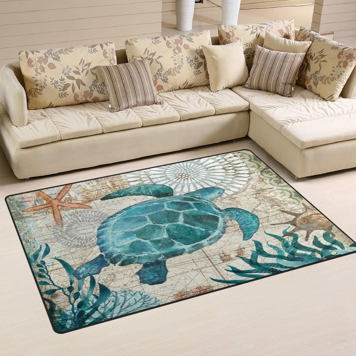 FOLPPLY Retro Sea Turtle Nautical Map Blue Area Rug, Non-Slip Carpet Floor Mats for Indoor Outdoor Front Door Bathroom Home Decor, 1'7'' x 2'6''