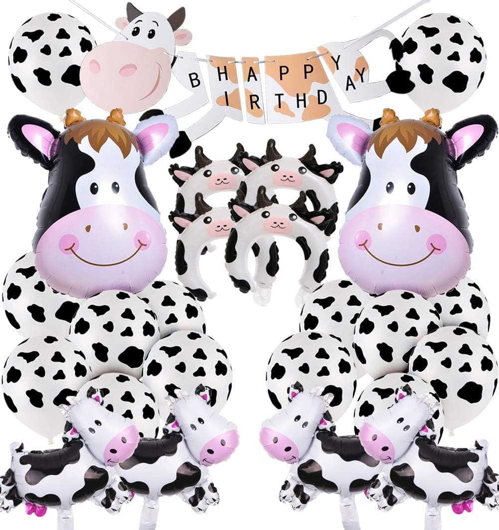 JOYMEMO Cow Party Decorations Farm Animal Theme Party Supplies, Happy Birthday Banner, Cow Foil Balloons, Mylar Balloons Decor Set