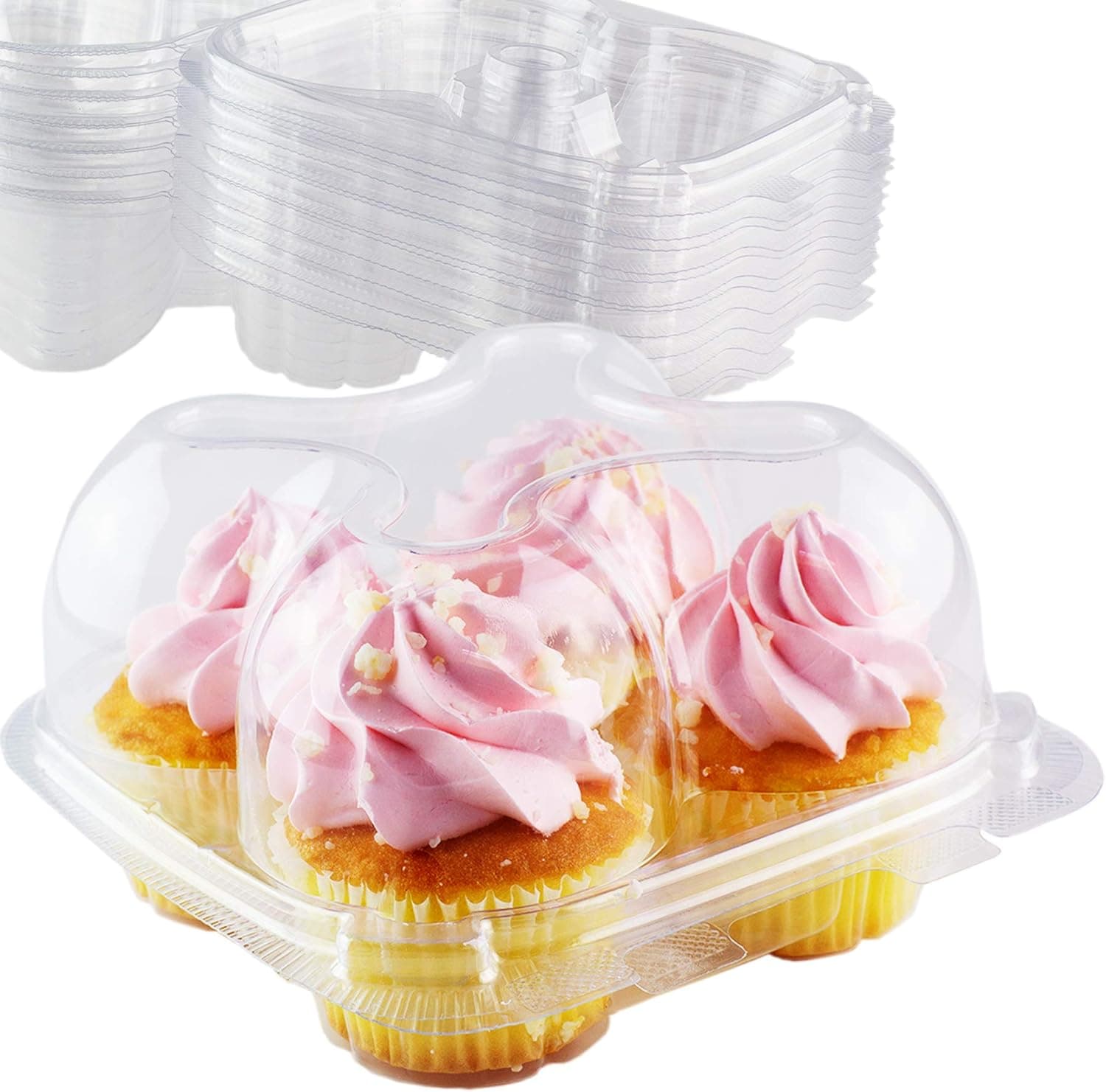 Chefible 4 Cupcake Container - Set of 12 | Four Cavity Plastic Disposable Cupcake Box, High Dome, Extra Sturdy and Stackable!