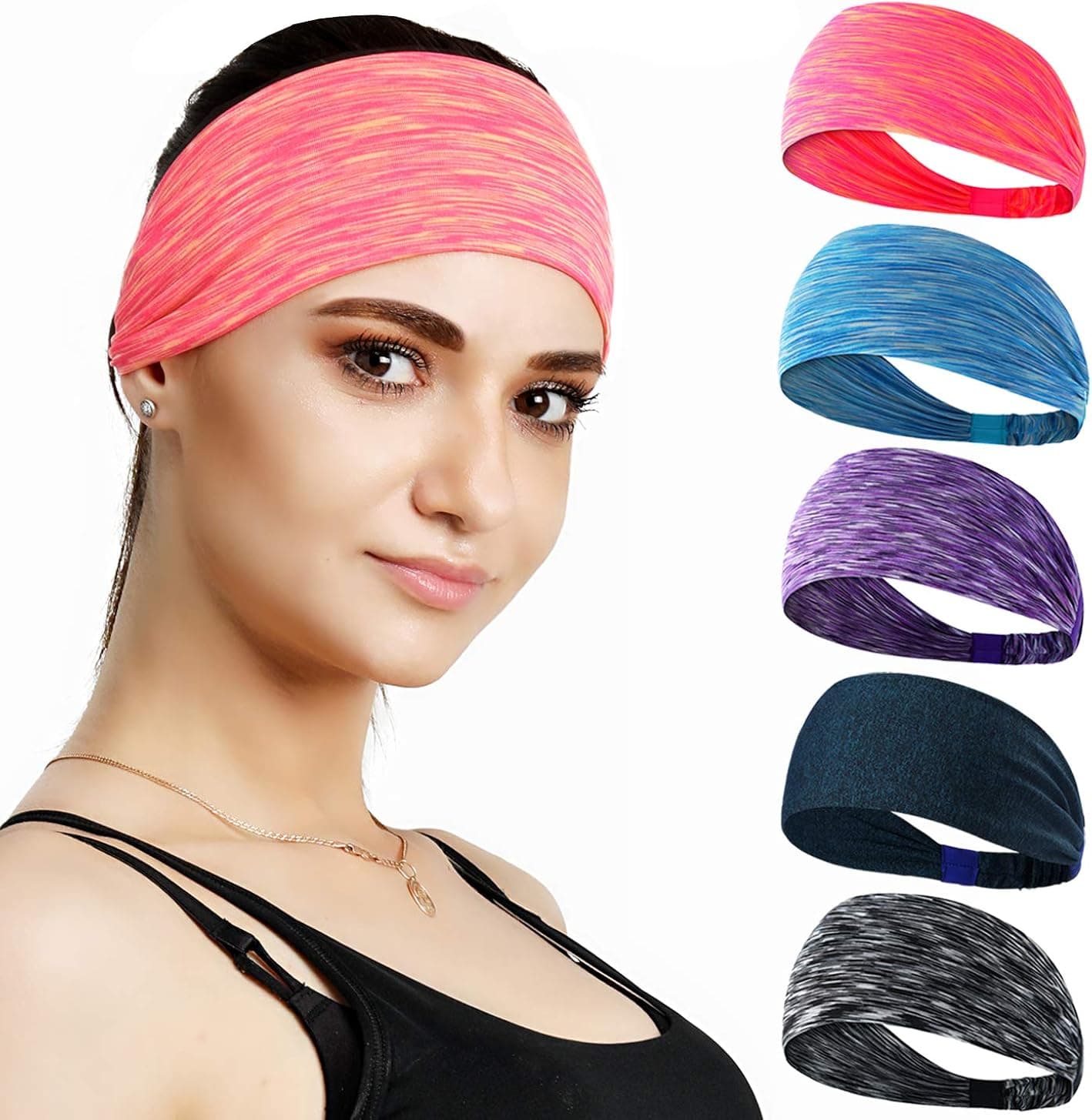DASUTA 5 PCS Workout Headbands for Women Elastic Soft Sweat Bands for Yoga Sports Fitness Running Wicking Wide Exercise Hairband