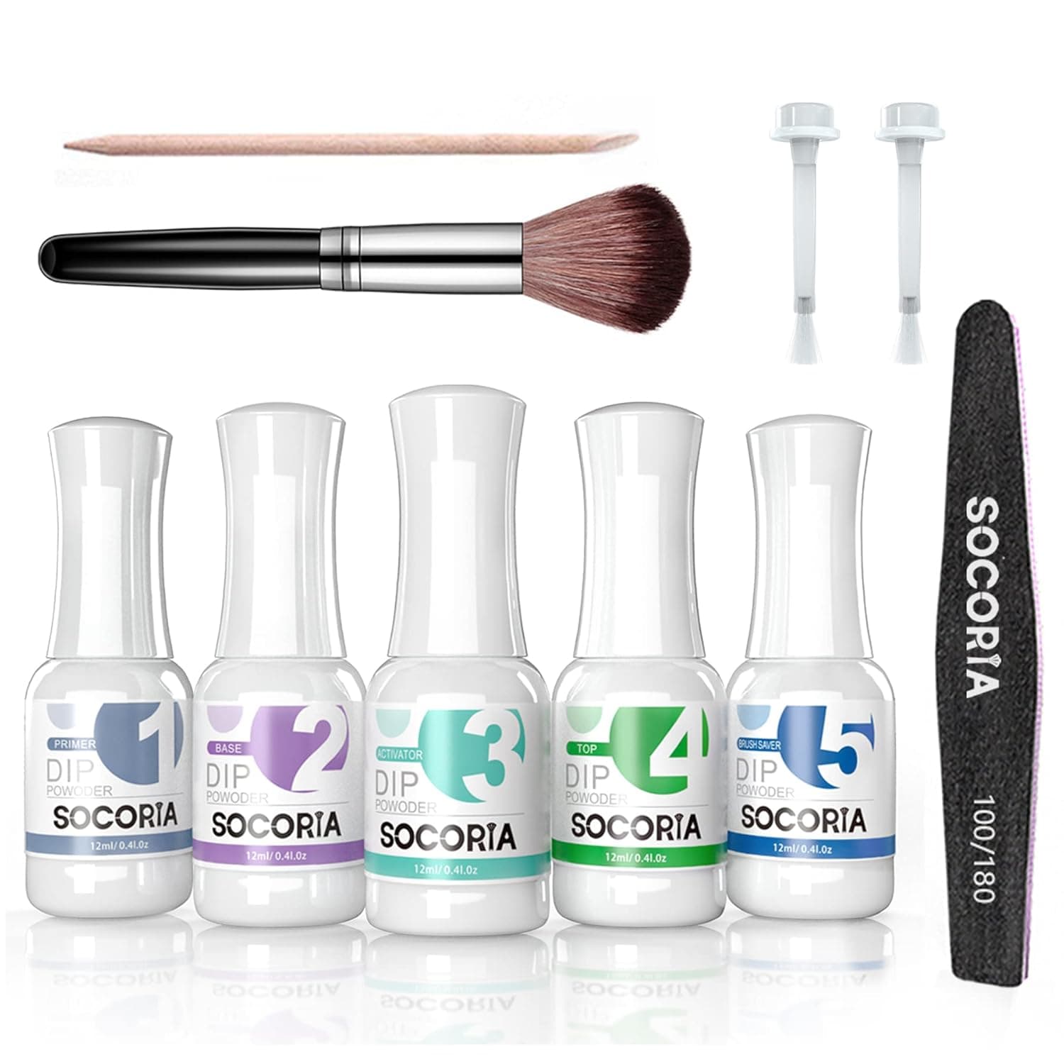 SOCORIA Dip Powder Liquid Set- 5pcs Bond/Primer, Base & Top, Activator, Brush Saver High Shiny Long Lasting Dip Liquid Set for Dip Powder Nail Kit, No Nail Lamp Neede