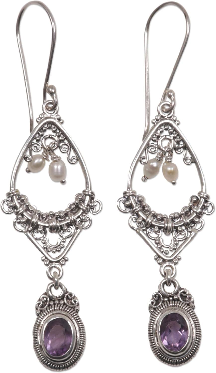 NOVICA Cultured Freshwater Pearl and Amethyst Stone Flower Earrings, Empress'