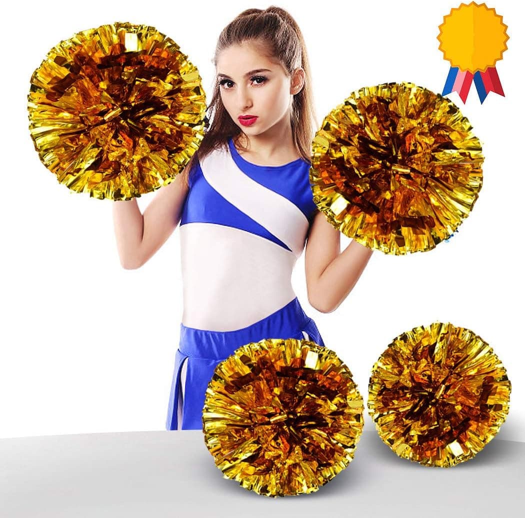 ANALAN 21 Colors Pack of 2 Foil Plastic Metallic Cheerleading Pom Poms for Cheer Sport Kids Adults(Gold)