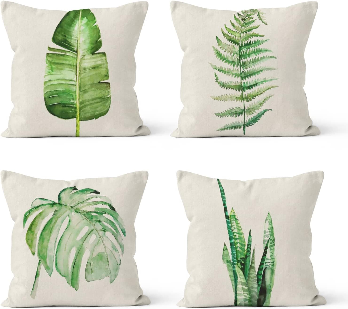 Summer Throw Pillow Covers 18 x 18 Pack of 4,Summer Green Pillows Spring Decorative Linen Cushion Covers for Livingroom, Farmhouse Outdoor Modern Pillow Cases for Sofa Couch Chair Bed
