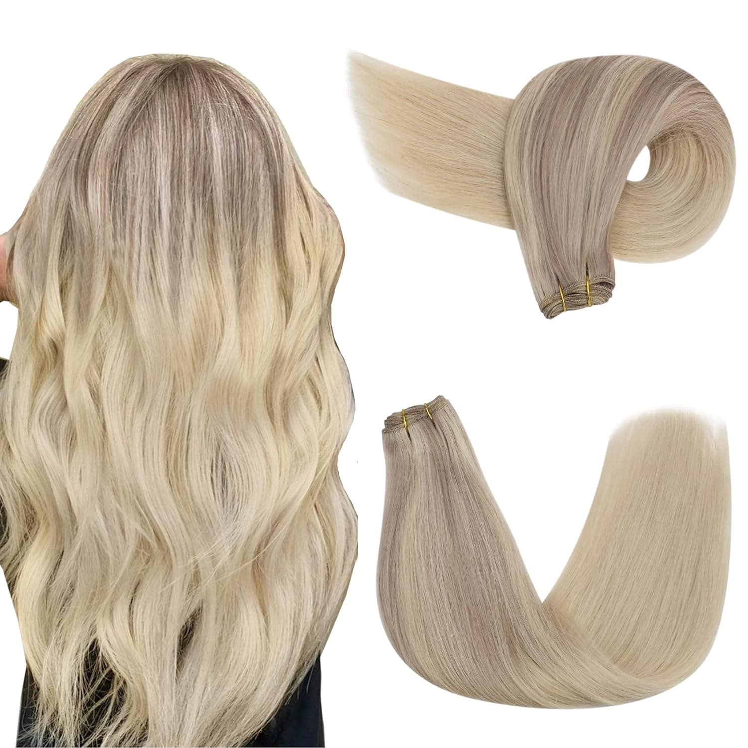 YoungSee Blonde Sew in Hair Extensions Real Human Hair Ombre Ash Blonde to Bleach Blonde Balayage Weft Hair Extensions Human Hair 20inch Weft Sew in Hair Extensions Blonde Hair Bundle 100g