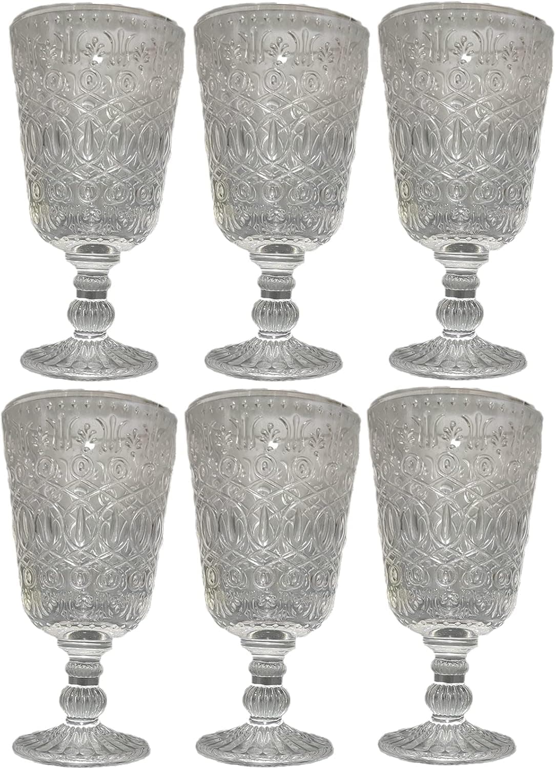 Taganov Clear Goblet Wine Glasses set of 6 Vintage Style Pressed Water Drinking Glass Goblet 10 Ounces for Holidays New Year Christmas Wedding Party