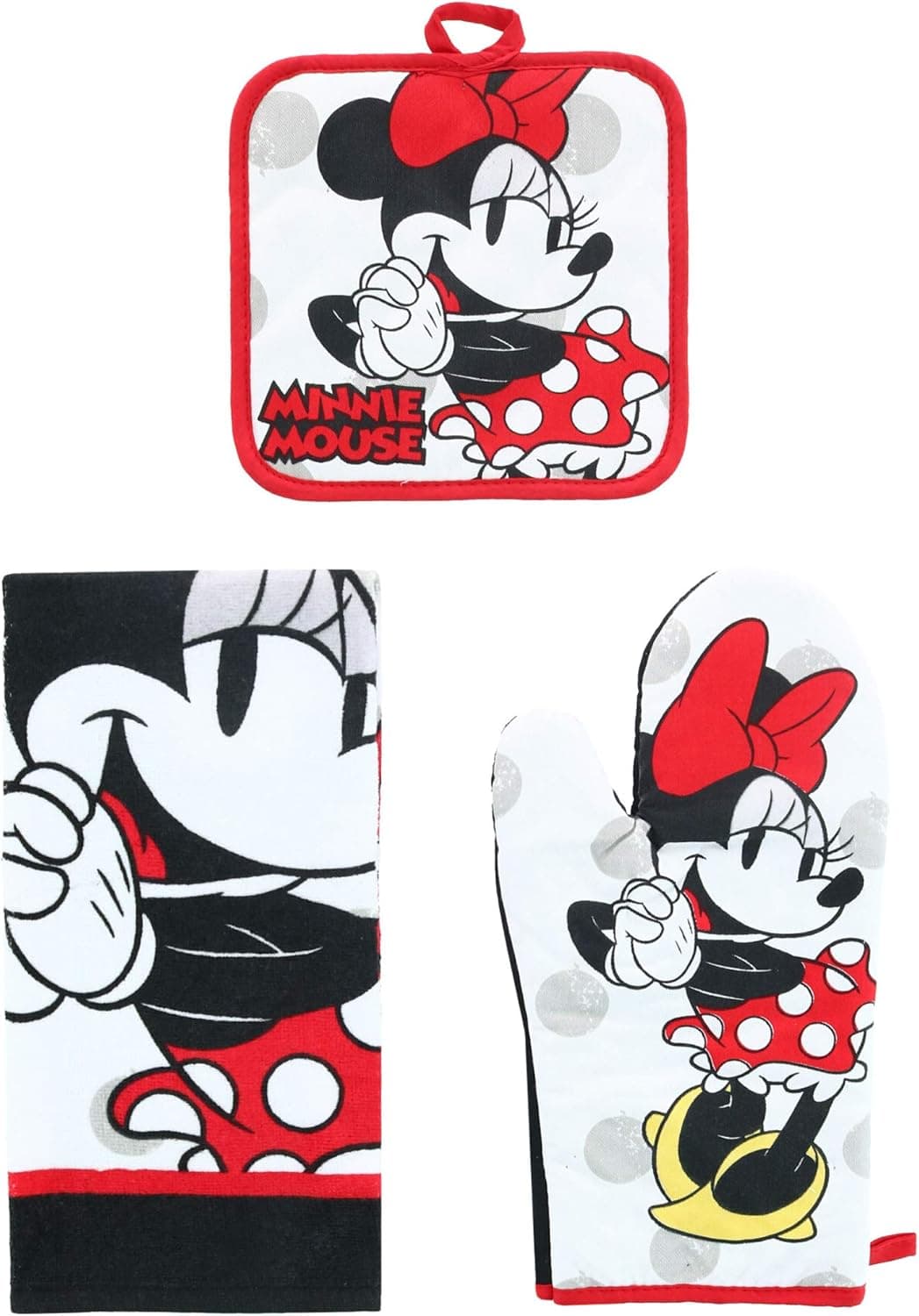 Disney 3pc Kitchen Towel Set Cute Chef Minnie Red
