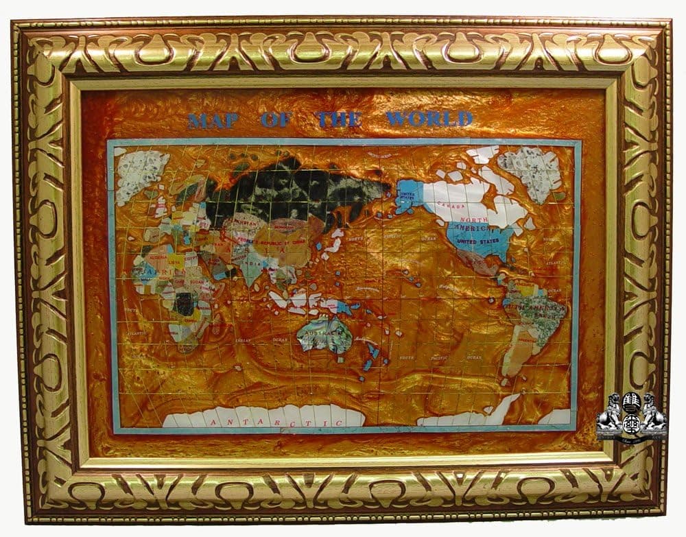 Unique Art 26-Inch Cross with Frame Amberlite Pearl Swirl Ocean Gemstone World Map with Frame