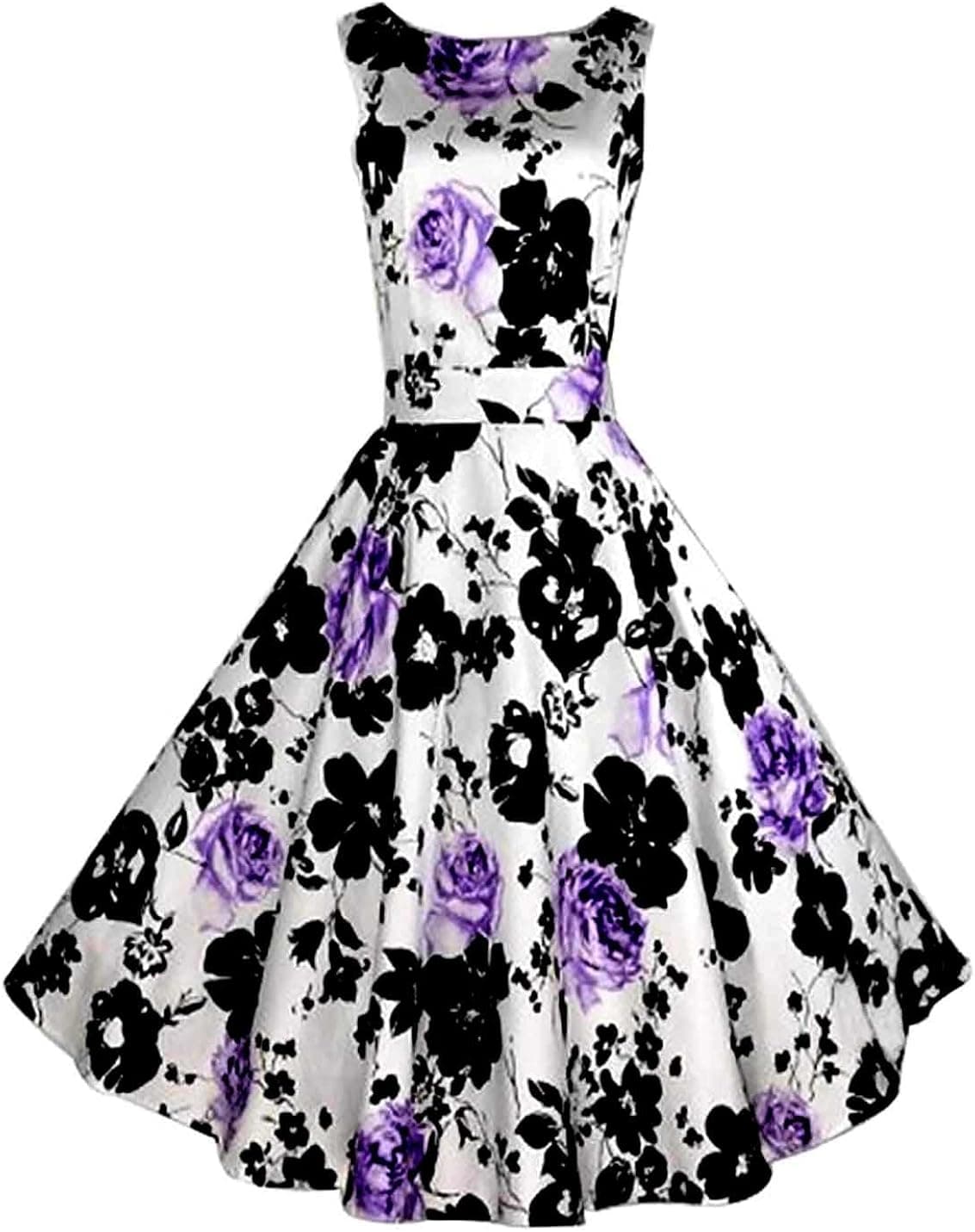 Dreagal Vintage 1950's Floral Spring Garden Party Picnic Dress Party Cocktail Dress, Style6-Purple, Small