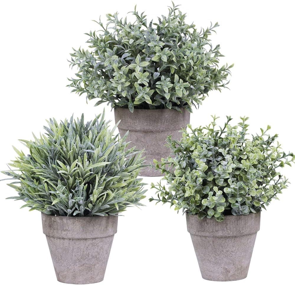 Set of 3 Artificial Mini Potted Plants Assorted Flocked Eucalyptus Grey Green Grass Greenery in Pots Small Houseplants for Indoor Kitchen Dining Room Office Tabletop Centerpiece Decorations 8.7" Tall