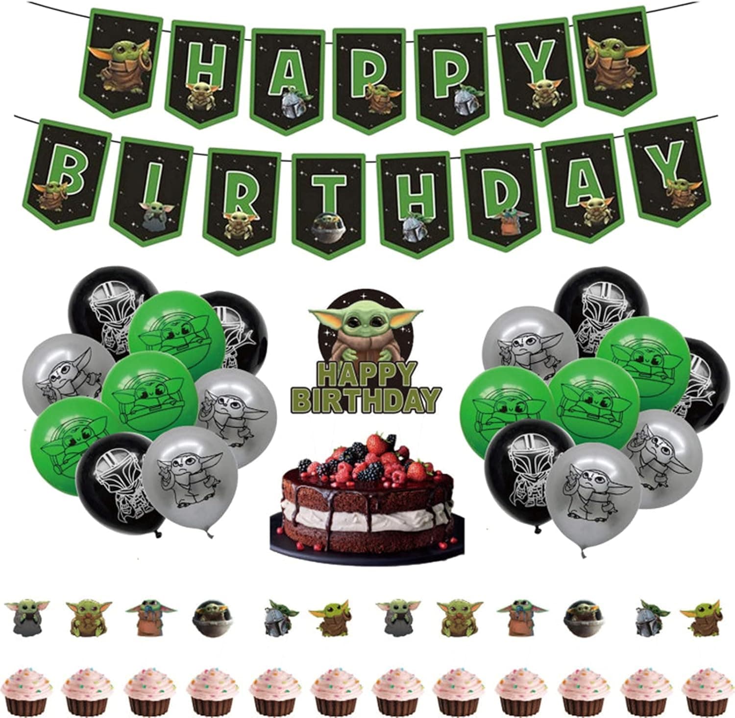 CHANJAYY Baby Yoda Birthday Decorations,Baby Yoda Party Supplies , Child's Star Wars Birthday Party Supplies with Happy Birthday Banner/Balloons/Cake Topper/CupCake Toppers .