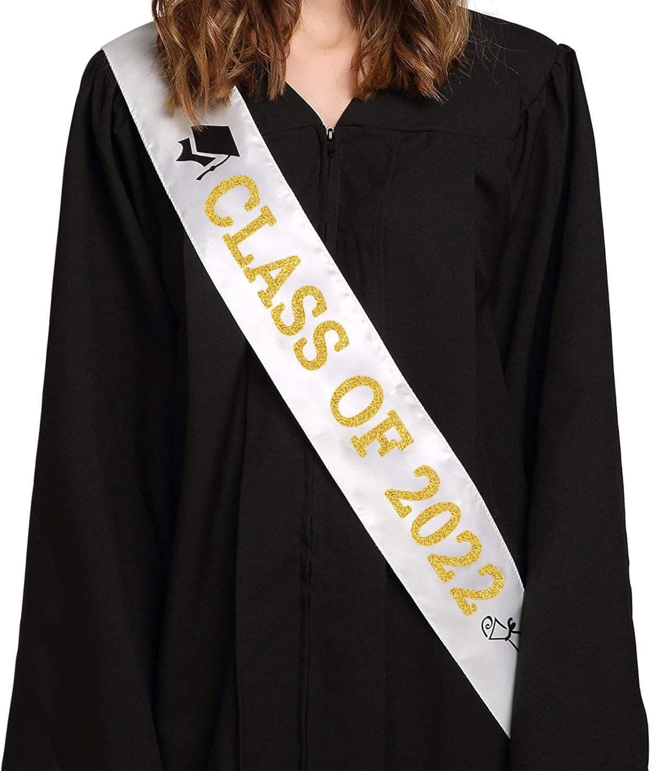 White “Class of 2022” Graduation Sash | Gold Glitter Letter Graduate Satin Sash | Funny Graduation Gifts for Boy or Girl| 2022 Graduation Celebration Party Supplies