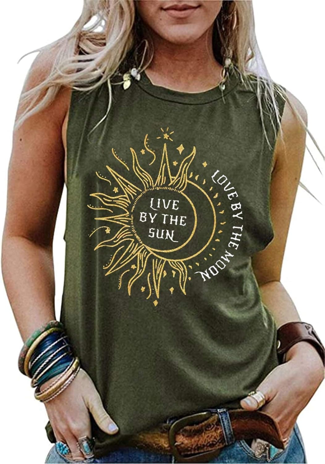 Live by The Sun Love by The Moon Tank Tops Women Funny Sun Moon Graphic T-Shirt Casual Sleeveless Beach Shirt Tank (Army Green, M)
