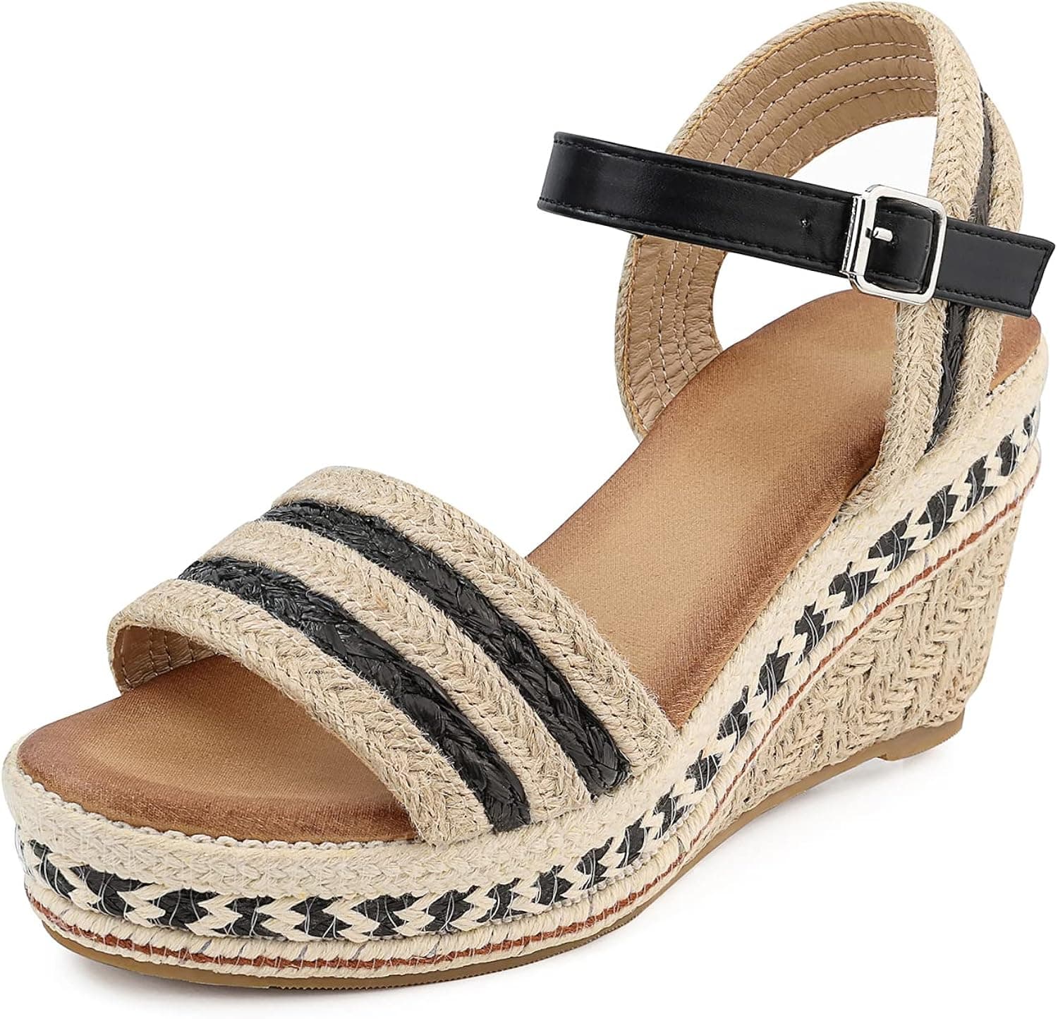SHIBEVER Espadrilles Wedge Sandals for Women Open Toe Ankle Strap Platform Sandals Summer Dressy Heels Sandal Shoes Black 7