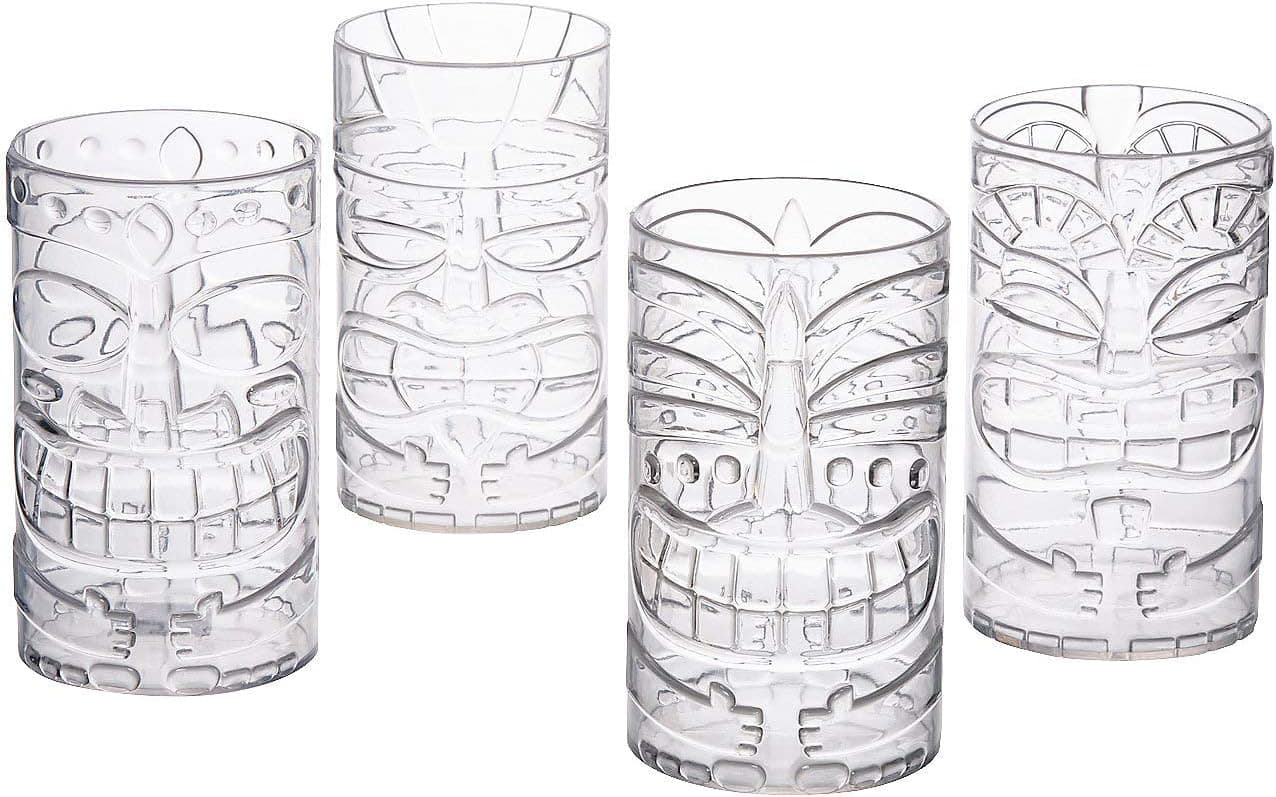 Fun Express Set of 8 Clear Tiki Plastic Mug Cups - each holds 14 oz - Luau Party Supplies