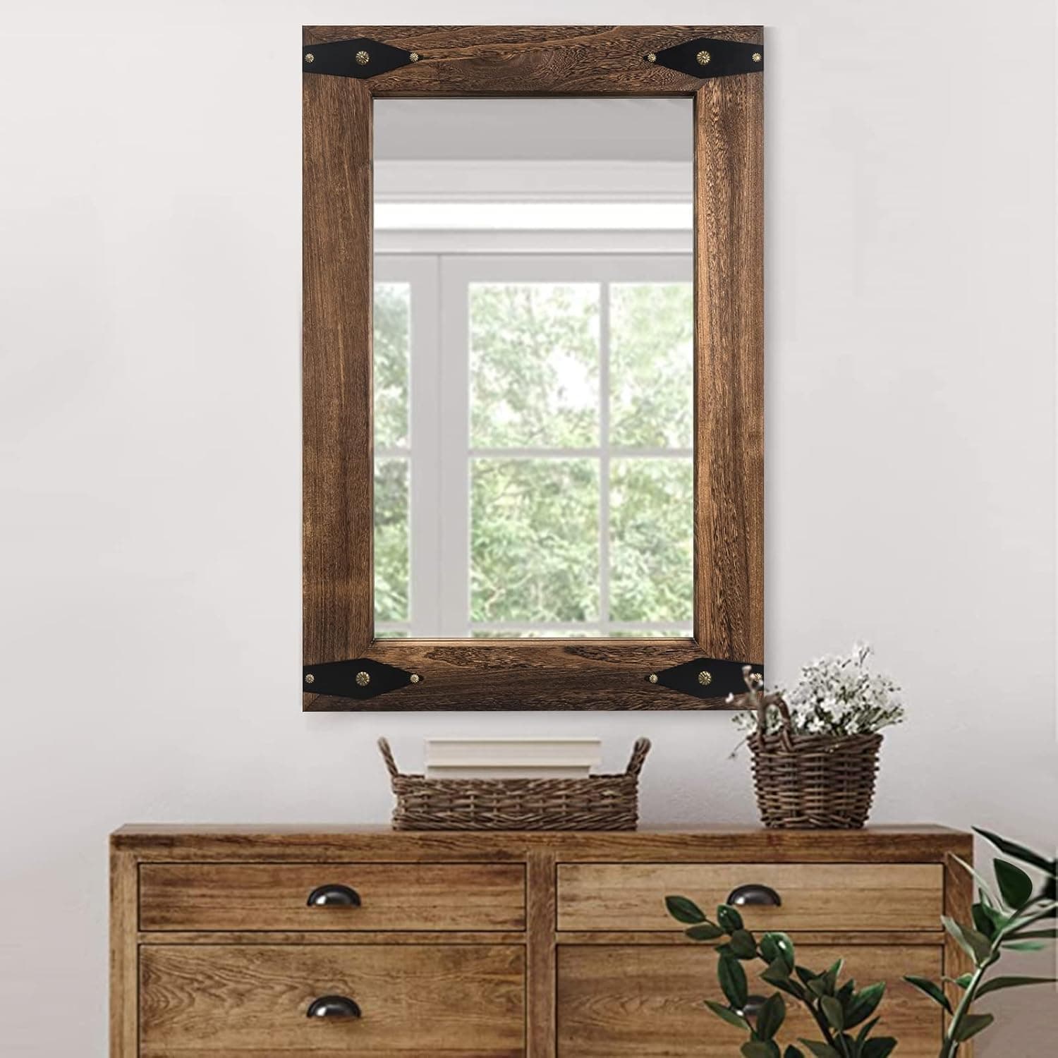 Farmhouse Mirror Rustic Mirror Wood Framed Mirror for Bathroom, Decorative Bathroom Mirrors for Wall Wood, Wall Mounted Rectangular Mirror for Bedroom Living Room, Wood Mirror 24x36 Inch